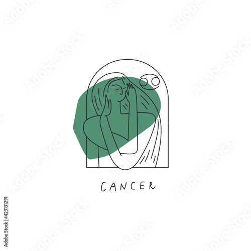 Cancer zodiac sign icon. Stylized woman drawn with lines. Vector illustration