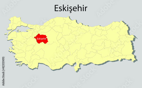 Map of Turkey where Eskişehir province is pulled out, isolated on background