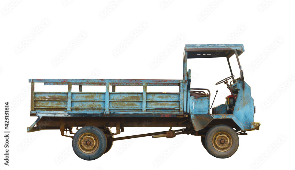 Agricultural trucks, old and worn condition. Isolated on white background. Agricultural trucks, old and worn condition. Isolated on white background.
