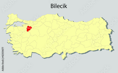 Map of Turkey where Mersin province is pulled out, isolated on background
