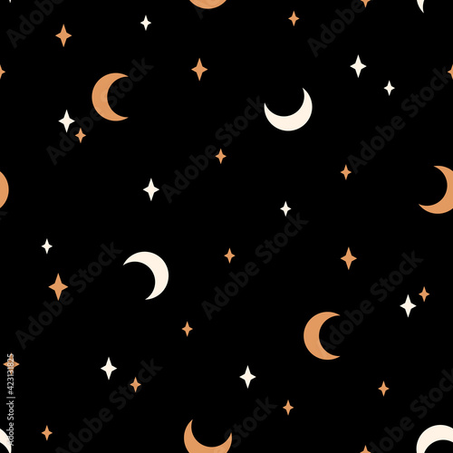 Seamless pattern with moon and stars black background.  Contemporary  composition. Boho wall decor. Mid century art print. Trendy texture for print, textile, packaging.