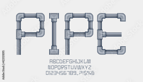 Pipe font cartoon style, metal pipe alphabet isolated on white.