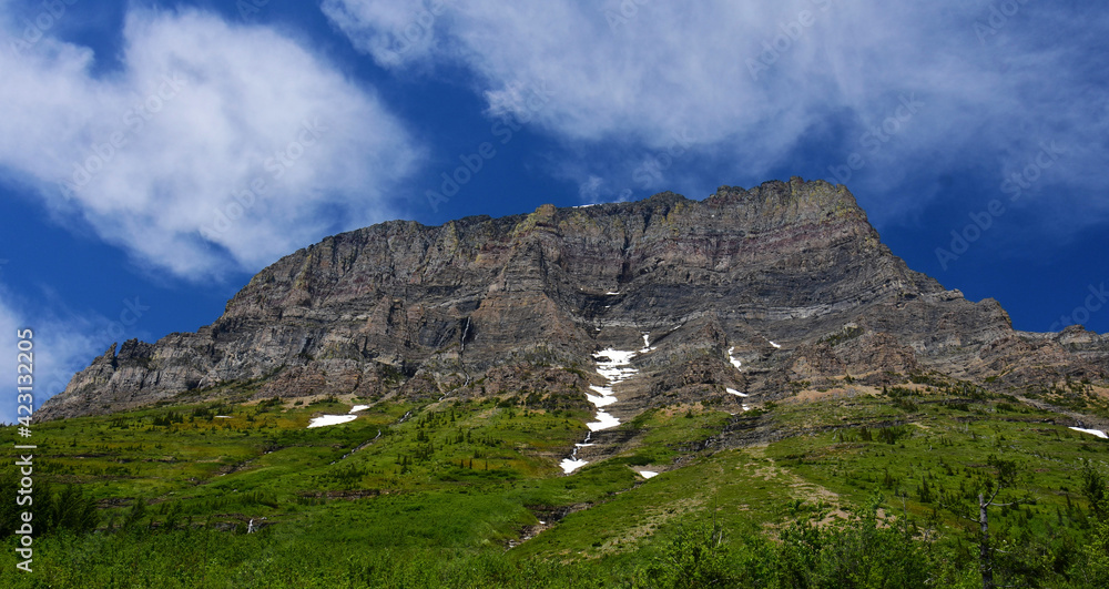 scenic view from siyeh bend of  mountinis and forested hillside  in early summer along the going-to-the-sun road in glacier national park, montana