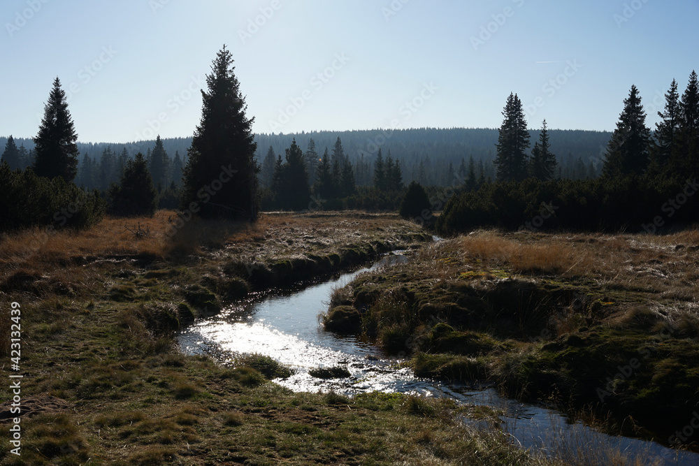 Jizerka historic village with traditional wooden huts in pure mountain nature, popular tourist destination, Jizera Mountains, Czech Republic Jizerka historic village with traditional wooden huts in pure mountain nature, popular tourist destination, Jizera Mountains, Czech Republic