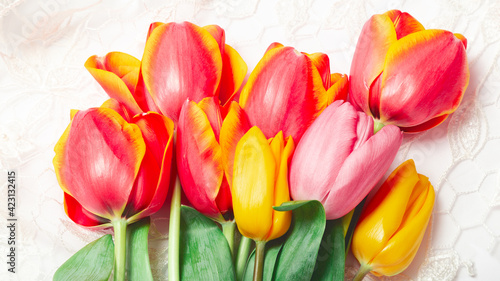 Beautiful tulips for Mother's Day on a light background, top view