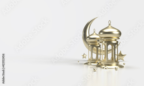 Ramadan kareem 3d render with illustration of lamp and moon container. 
