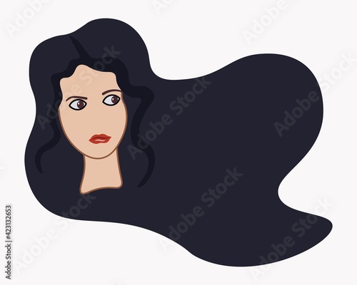 Portrait of a frightened and confused woman. The upset and offended expression on the face of the dark-haired girl. Isolated. Vector flat illustration with place for text. Human emotion concept.