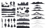 Forest silhouette, camping art, sketch mountain, vector illustration. 