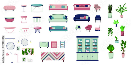 Set of furniture and home decor. Sofas, armchairs, coffee tables, mirrors, cabinets, potted flowers, lamps