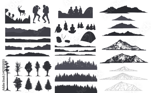 Forest silhouette, camping art, sketch mountain, vector illustration.	
