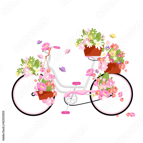 bicycle and flowers. vintage bike for women. flower decoration on a bicycle. vector illustration