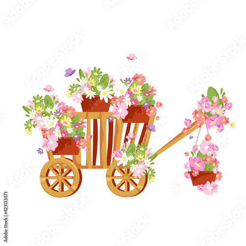 cart and flowers. flower arrangement with a wooden wheelbarrow. vector illustration