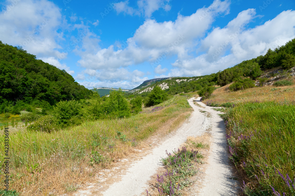 Mountain road with green meadows and mountain peaks under the blue sky with clouds. The Crimea, Mangup Kale.
