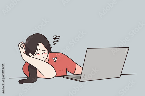 Tiredness, exhaustion, burnout at laptop concept. Portrait of teen girl bored lying on desk using laptop computer to surf information internet vector illustration 