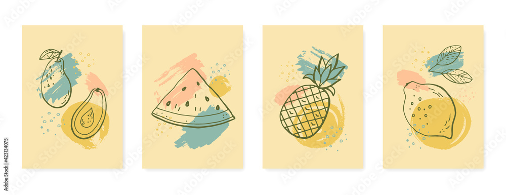 Fruit hand drawing sketch, brush strokes, abstract backgrounds set. Design for greeting card, invitation. Vector stock illustration. 
