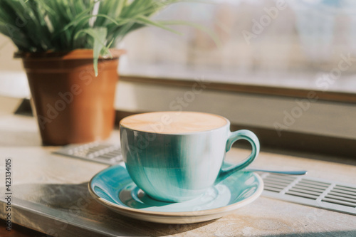 A cup of cappuccino coffee in a blue cup and saucer stands on the windowsill. Behind - a houseplant in a potted pot. Soft sunlight, morning concept.