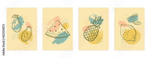 Fruit hand drawing sketch, brush strokes, abstract backgrounds set. Design for greeting card, invitation. Vector stock illustration. 
