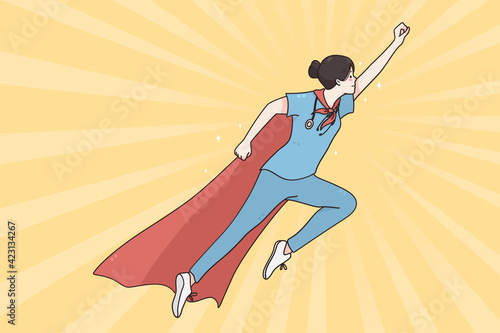 Superhero doctor in medicine during pandemic concept. Doctor female wearing superhero cape flying up ready to help during coronavirus outbreak vector illustration 