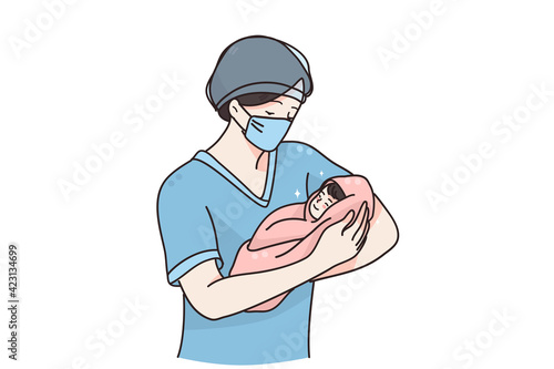 Midwife or doctor with newborn concept. Woman nurse doctor or midwife in medical mask standing holding newborn baby infant in hands in maternity hospital vector illustration 