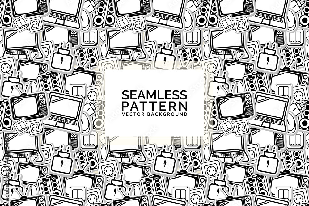 Seamless pattern vintage electronic set concept. black and white design suitable for background