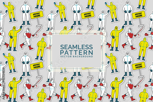 Seamless pattern doodle hazmat suite Character. prevention coronavirus. stay home. stay safe concept