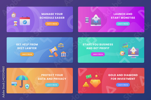 business protect set collection package for web website home homepage landing template banner with gradient color flat style