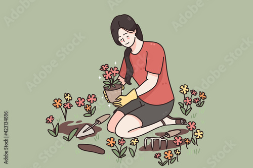 Taking care of plants, growing flowers concept. Young smiling woman cartoon character sitting on floor holding red flower in pot taking care gardening vector illustration 