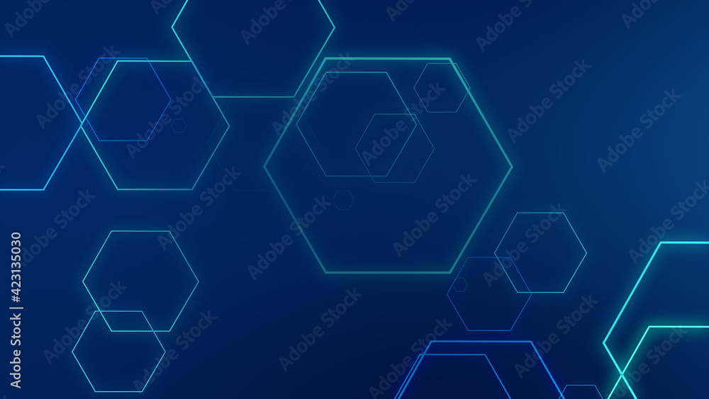 Hexagon geometric blue neon lights technology Hi-tech dark background. Abstract graphic digital future science concept design. Hexagon geometric blue neon lights technology Hi-tech dark background. Abstract graphic digital future science concept design.