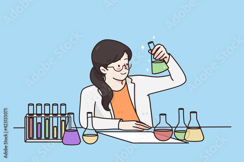 Working in laboratory, scientific experience concept. Young smiling woman cartoon character sitting and mixing ingredients in flasks in lab for experiment vector illustration 