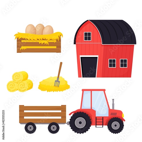 Farm set with tractor, hay stack with pitchfork, wooden box with eggs and red building in cartoon style isolated on white background stock vector illustration. Harvest, agriculture collection.