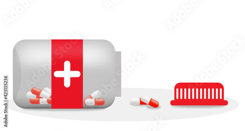 Pills in bottle red scattered. Drugs, vitamin, tablet
