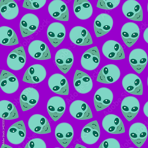 Seamless pattern with Aliens green heads. UFO, Humanoids endless backdrop isolated. Smiling visitors, Martians. Vector illustration, wallpaper on theme of space, conspiracy theory, Sci-fi, fantastic