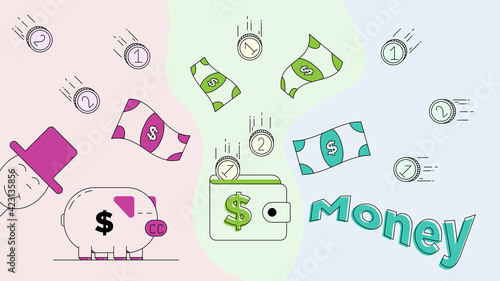 Doodle money finance coins and banknotes flow on white background vector illustration.