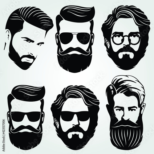 Bearded men, hipster face. Fashion silhouette, emblem, icon, label. Vector illustration.