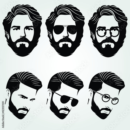 Bearded men, hipster face. Fashion silhouette, emblem, icon, label. Vector illustration.