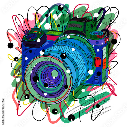 Vector illustration of modern photo camera in clipart style. Good for logo, icon, avatar, banner, card, print, background.