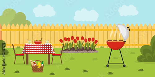 Barbecue in the garden with grass, bushes and flowerbed. Lunch in the backyard. Outside dinner in a countryside house. Vector illustration. Banner.