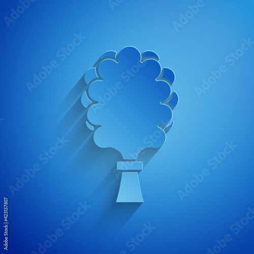 Paper cut Sauna broom icon isolated on blue background. Broom from birch twigs, branches for Russian steam bath, sauna, washhouse. Paper art style. Vector