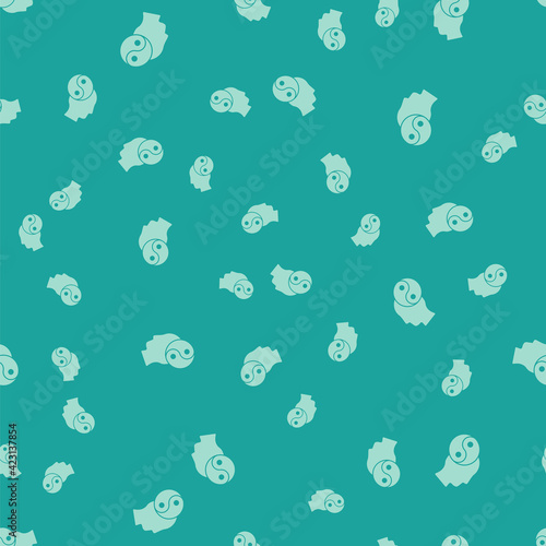 Green Yin Yang symbol of harmony and balance icon isolated seamless pattern on green background. Vector