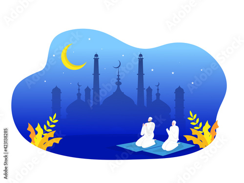 Religious Muslim  prayer in traditional clothes full length vertical vector illustrationin mosque background vector graphics