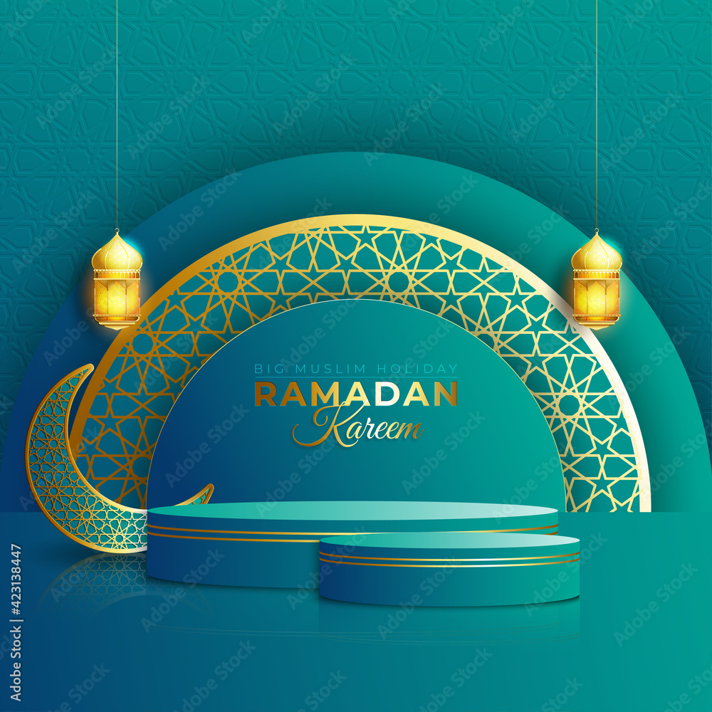 Luxury Islamic Podium with gold crescent moon and traditional islamic ...