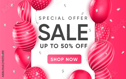3d poster of Sale Special offer up to 50 percent off realistic design. Discount prices for shopping website background. Retail and purchases. Promotion. Vector illustration of advertising web banner