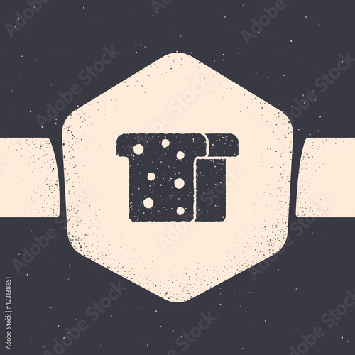 Grunge Bread toast for sandwich piece of roasted crouton icon isolated on grey background. Lunch, dinner, breakfast snack. Monochrome vintage drawing. Vector