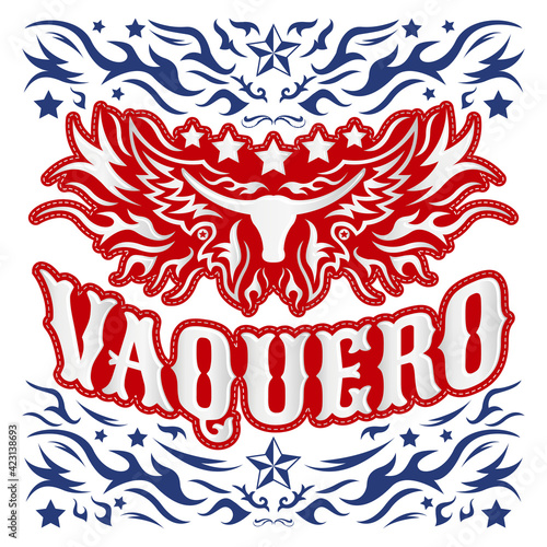 Vaquero, Cowboy Spanish text, Rodeo poster, Longhorn  western vector design.