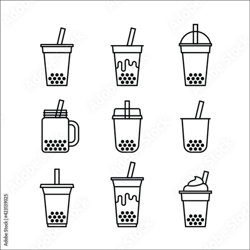 Bubble milk tea Icons set, Outline simple flat design, Isolate on white background, Vector illustration