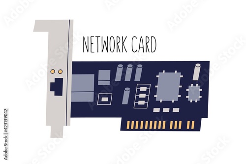 Network interface adapter, controller or card. Computer internal hardware component. Colored flat vector illustration of NIC or LAN isolated on white background