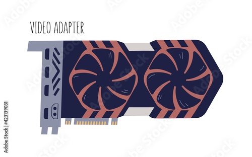 Computer video card with fans. Display graphics adapter with ventilation system. Colored flat vector illustration of PC hardware isolated on white background