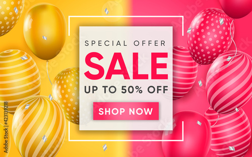 3d poster of Sale to 50 percent off with pink and yellow balloons in realistic design. Special offer discount price website background. Shop now concept. Vector illustration of advertising web banner