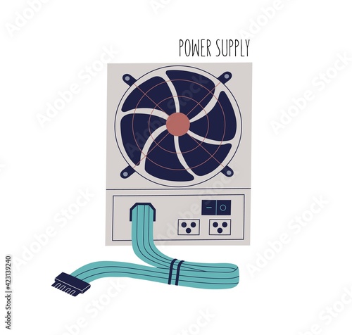 Power supply unit with buttons, cables and fan. PSU with switches, air vent, wire bundle and connector. Internal PC component. Flat vector illustration of computer equipment isolated on white