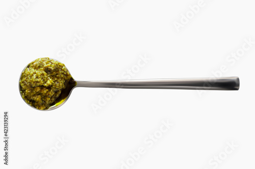 Italian pesto on spoon realistic 3d vector illustration isolated on white background. Portion of sauce. Close-up seasoning and dip